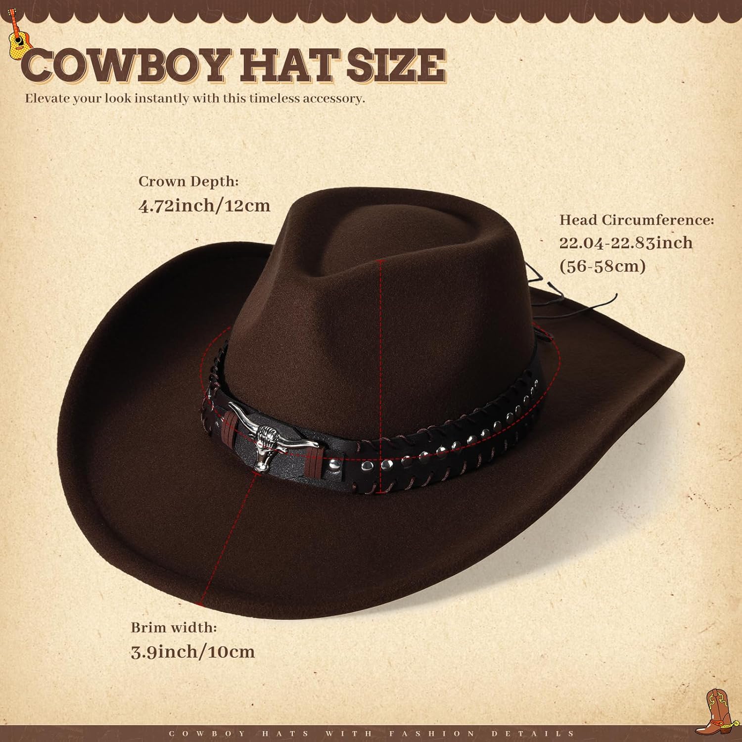 Wide Brim Cowboy Hats for Women Mens Large Cowgirl Hat Classic Western Hats with Buckle Belt Cowgirl Outfits - Image 2