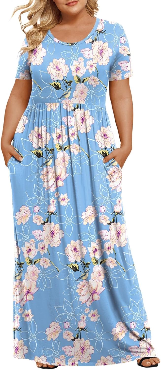 LONGYUAN Women's Plus Size Maxi Dresses for Curvy Women Summer Short Sleeve Casual 2026 Long Dress XL-6XL