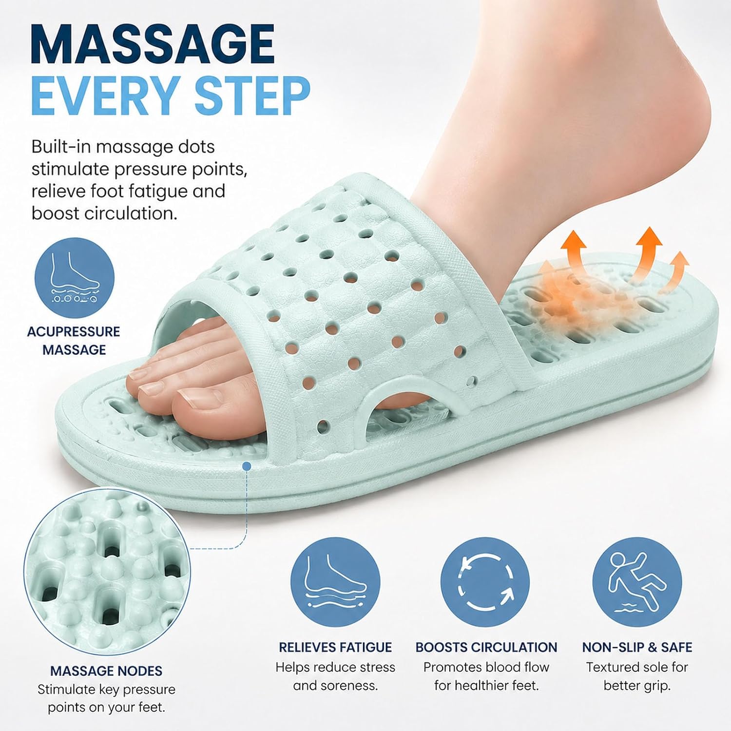 Shower Shoes for Women Men,Unisex Quick Drying Massage Slippers Bathroom Non-Slip Drain Holes Slides for Dorm Pool Gym Hotel