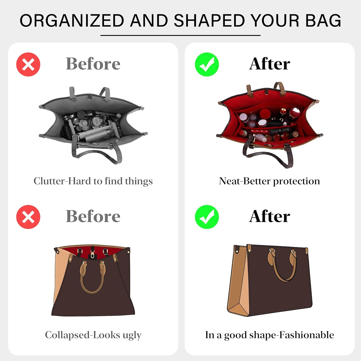 Tote Bag Organizer Insert For LV On The Go MM and Dior Medium Book Tote Bag,Premium Felt Lightweight Purse Organizer Insert,Bags Shaper Purse Accessories with Zipper,MM,Red - Image 3