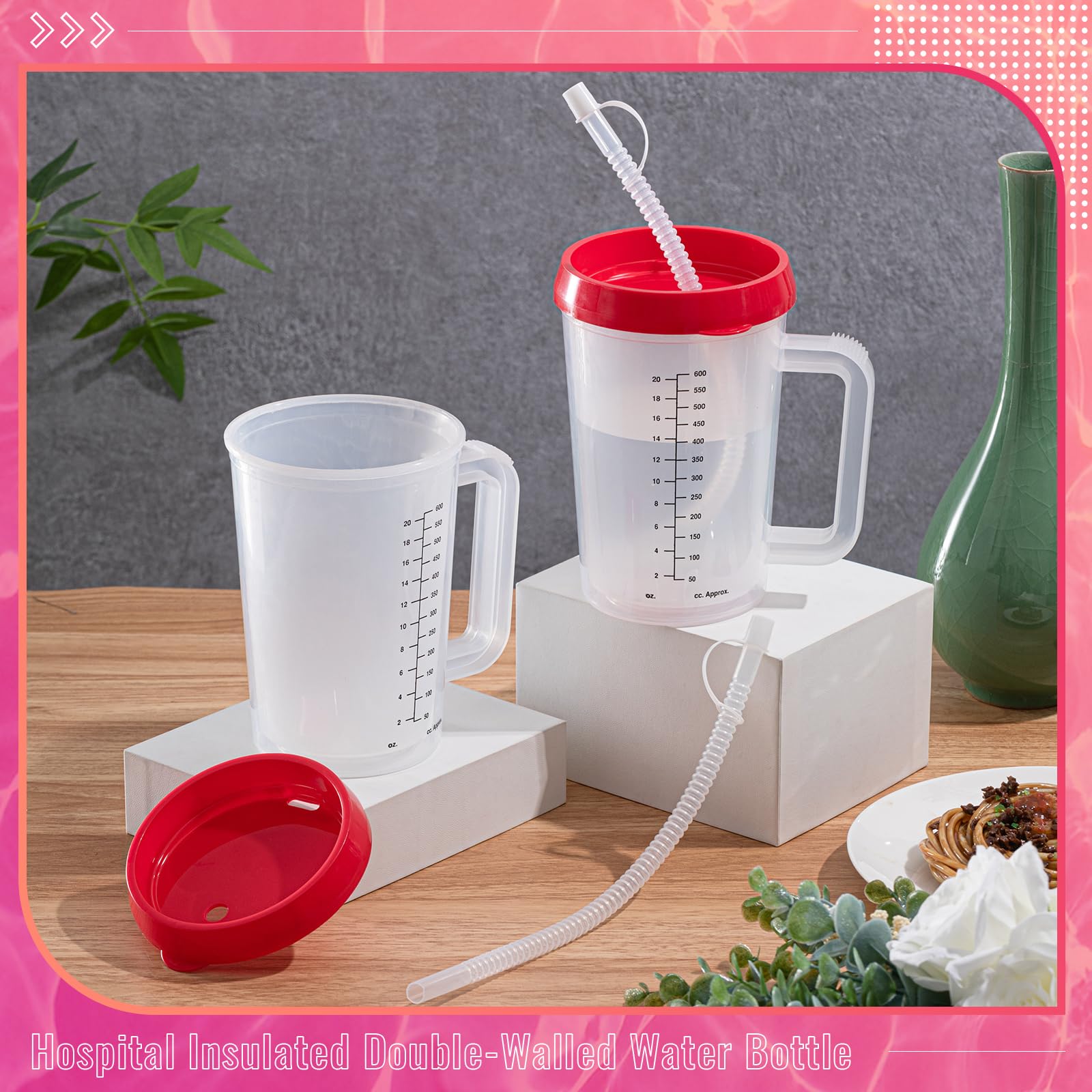 4 bicchieri per acqua da ospedale da 590 ml, con cannuccia e coperchio, isolati, a doppia parete, con manico, caraffa in plastica graduata, per anziani, con cannuccia (rosso)