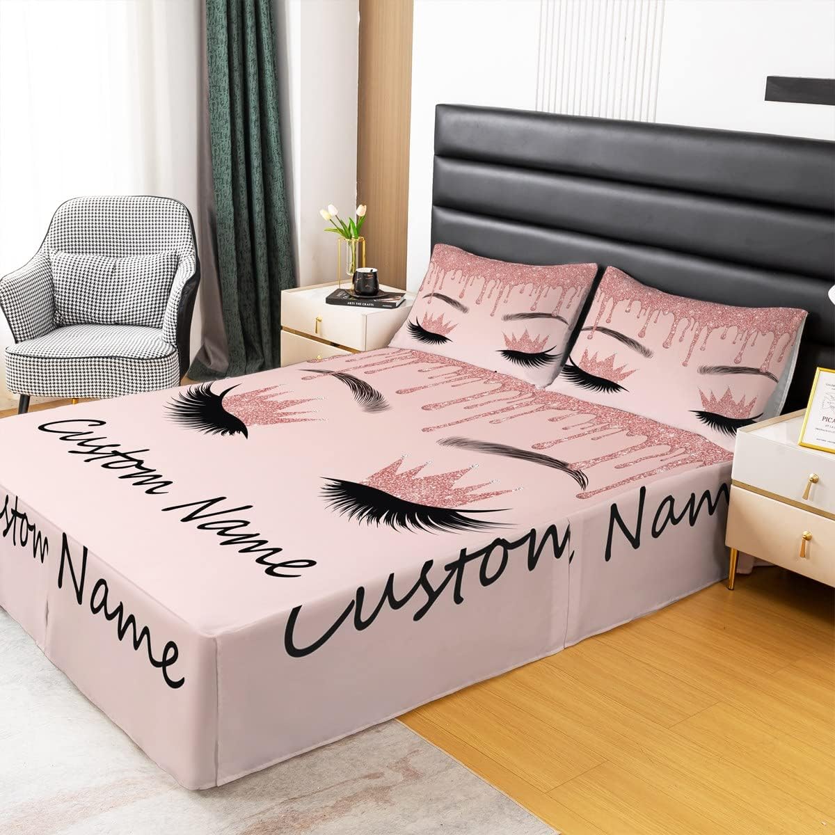 Customize Eyelash Bed Skirt 3 Pcs for Girls Women, Luxury Rose Gold Glitter Sparkle Eyelashes Makeup Girly Bed Skirts, Pink Bedroom Decor Bedding Set for Women Teens Girl Bedskirt,2 Pillowcases,King