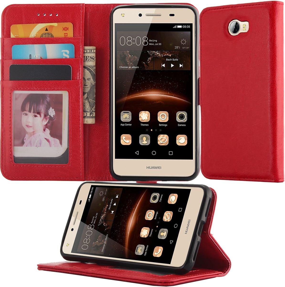 MaxBuy Case for Huawei Y5II / Huawei Y5 2, High Quality PU Leather Folio Stand Protective Wallet Case Cover For Huawei Y5II / Huawei Y5 2 (Red)