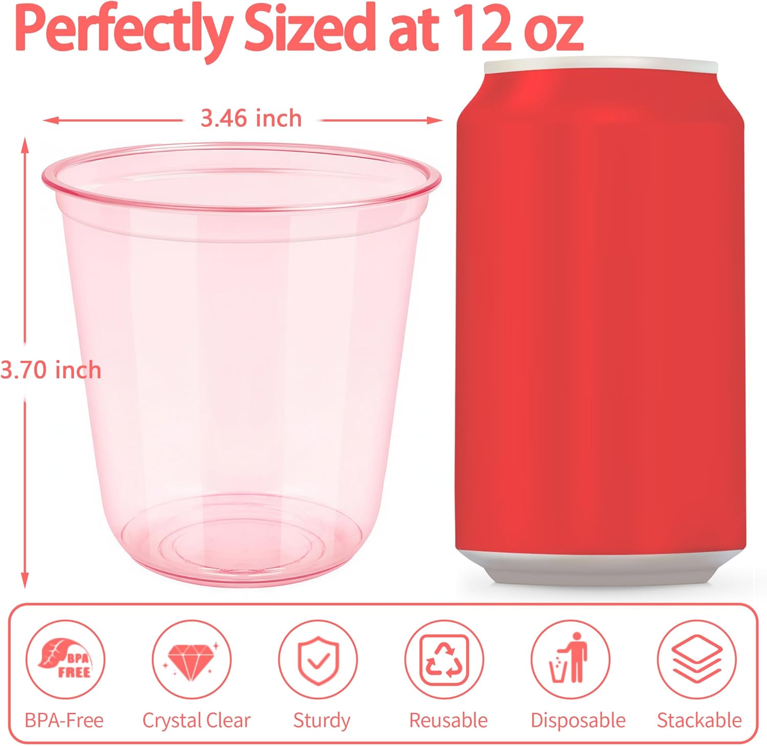 100 Pcs Pink Plastic Cups Disposable - 12 oz Stemless Wine Glasses Pink Party Cups Cocktail Clear Drinking Glasses for Birthdays, Valentine's Day, Galentine's, Baby Showers, Wedding