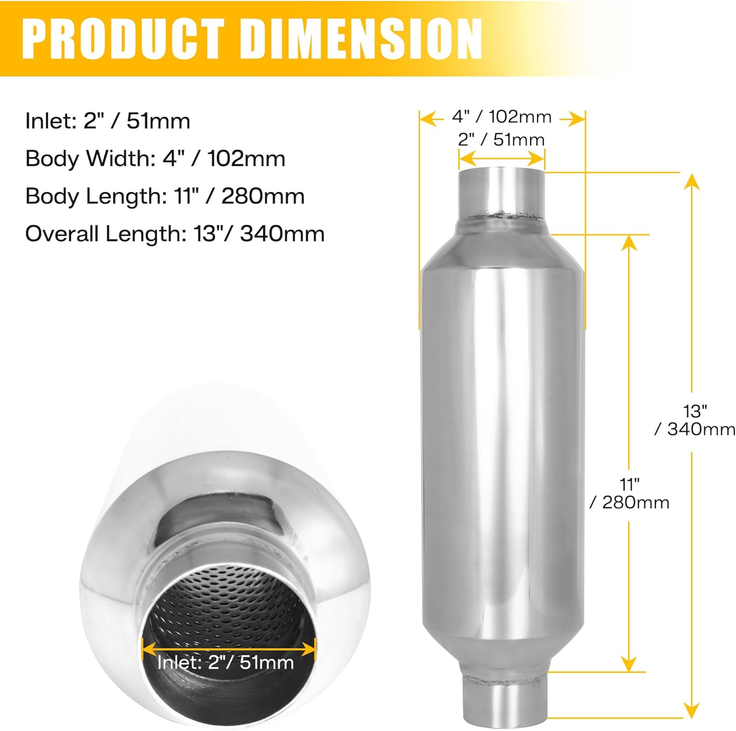 2" Universal Resonator, Straight Through Performance Muffler, 13" Overall Length, 304 Stainless Steel Welded On Resonator Muffler, Polished