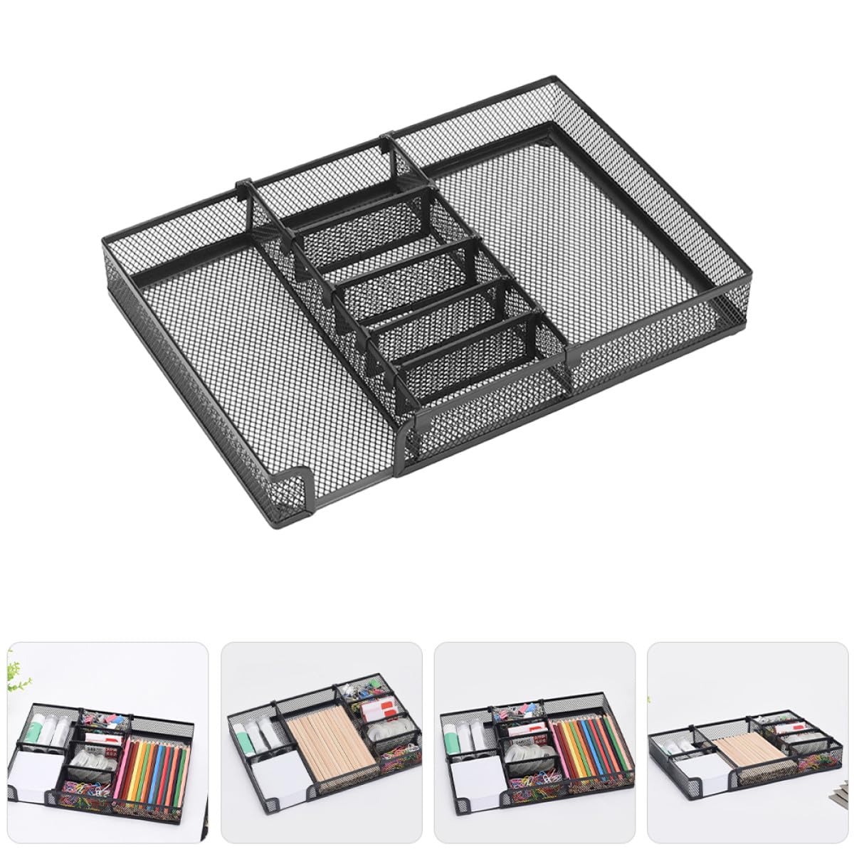 Healeved Organizador de Escritorio de Metal Negro DIY Bandeja de Malla Portalápices Metálico y Compartimentos para Cajones Adecuado para Oficina y Material de Oficina Organizadores de