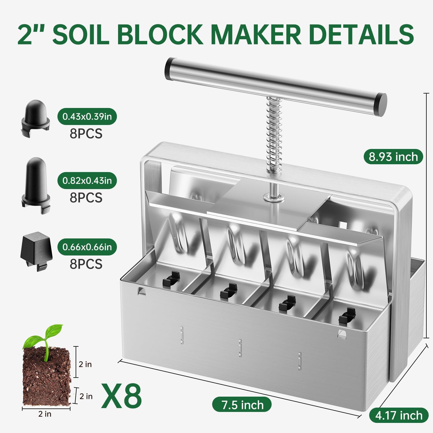 Soil Blocker, 2 Inch Soil Block Maker with 3 Sizes Seed Pins & Comfortable Handle 8 Cell Handlheld Soil Blocking Tool for Seed Starting, Grow Seedling, Outdoor Plants, Greenhouses, Garden