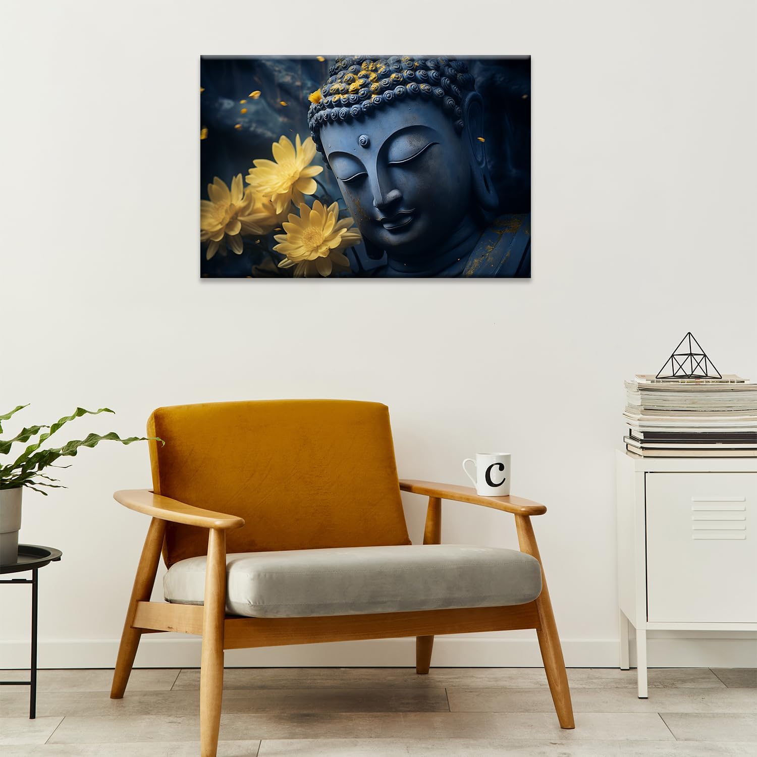 Buddha Canvas Wall Art, Buddha Statue with Yellow Flowers Poster Print Inspirational Buddha Zen Painting Picture for Bedroom Buddhist Meditation Room Decor(Artwork-02, 18"x12")