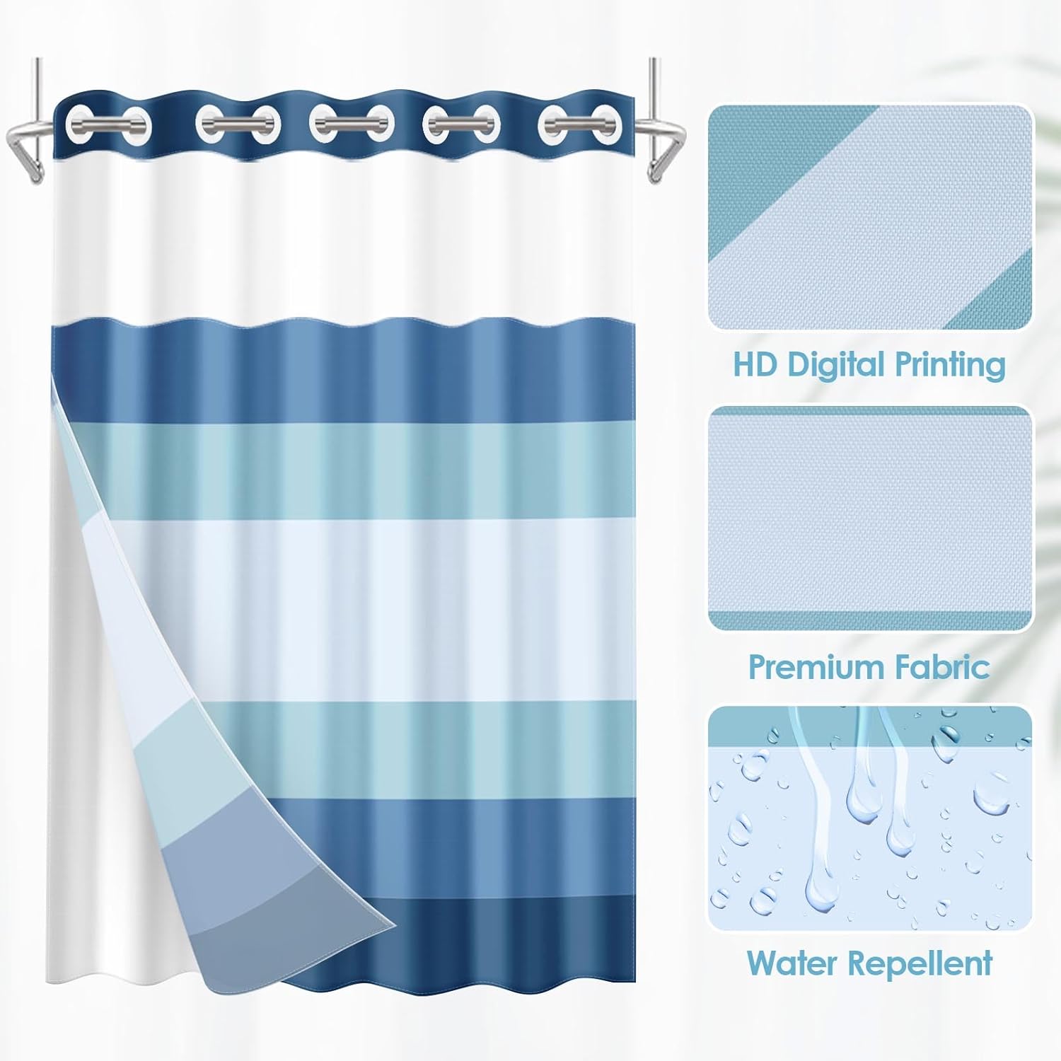 No Hook Blue Ombre Shower Curtain with Snap in Fabric Liner Set, Modern Geometric Double Layers Waterproof Fabric with See Through Top Window Open Grommet Bath Curtain 71x74 Inch