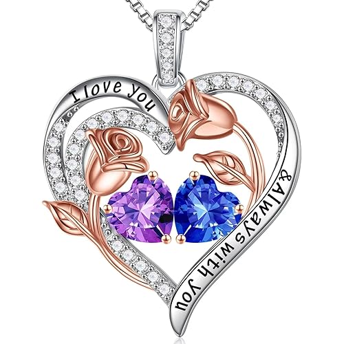 Iefil Christmas Gifts for Women Wife - 925 Sterling Silver Rose Heart Birthstone Necklace Birthday Anniversary Jewelry Gifts for Her Wife Mom Daughter