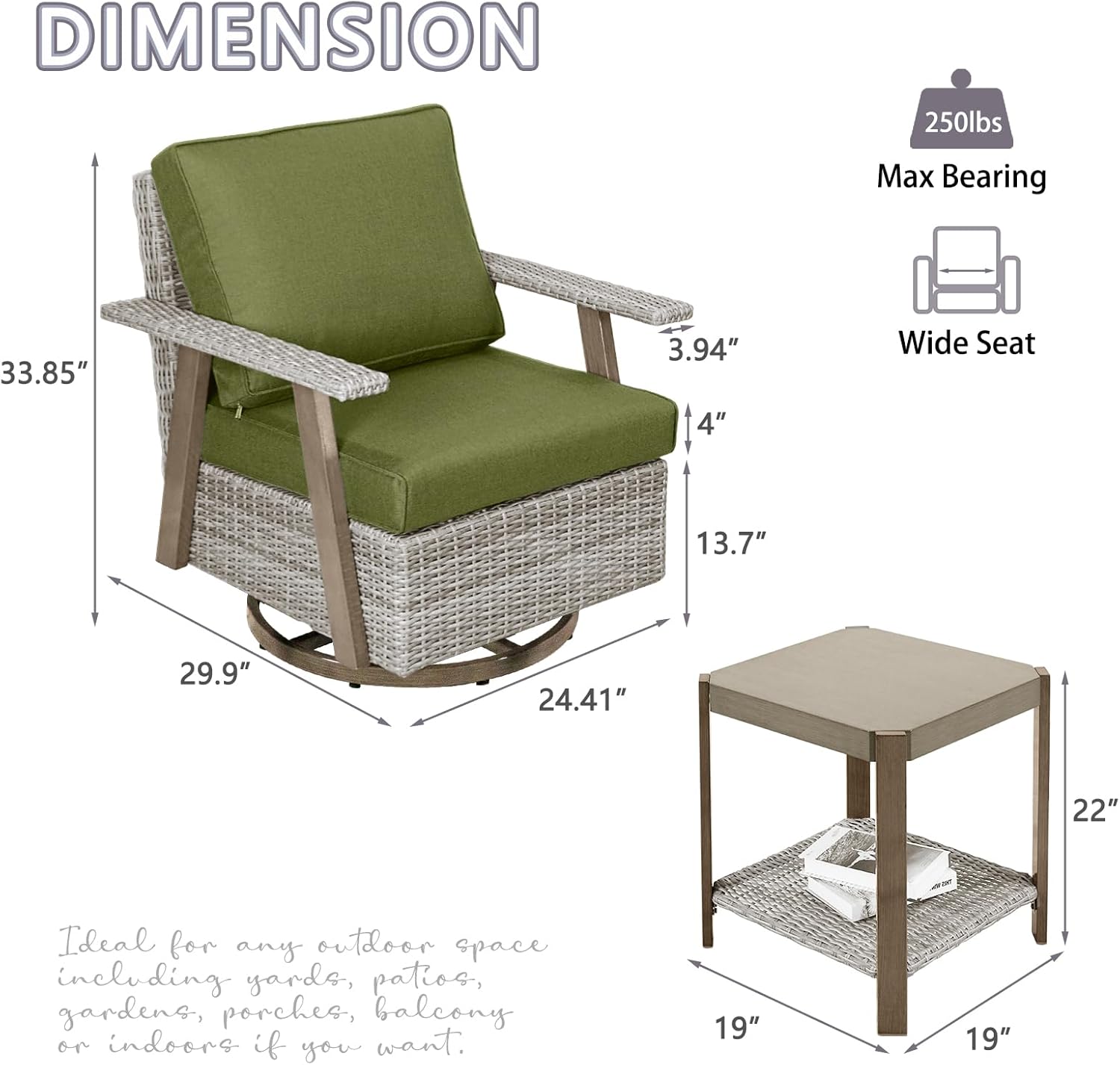 3-Piece Wicker Patio Bistro Set 360-Degree Swivel Rocking Chairs Set of 2 with Coffee Table, Oversized Outdoor Swivel Rocker Patio Chairs and Table Set for Backyard Lawn Porch