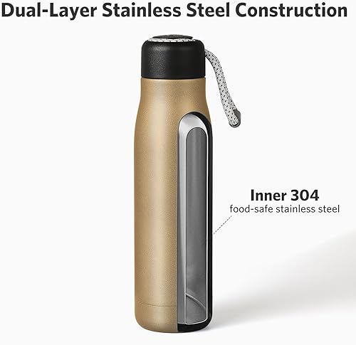 Miniatura 4 de Botella de agua con tapa portátil, de acero inoxidable aislado al vacío, reutilizable, a prueba de fugas, 17 onzas, color dorado