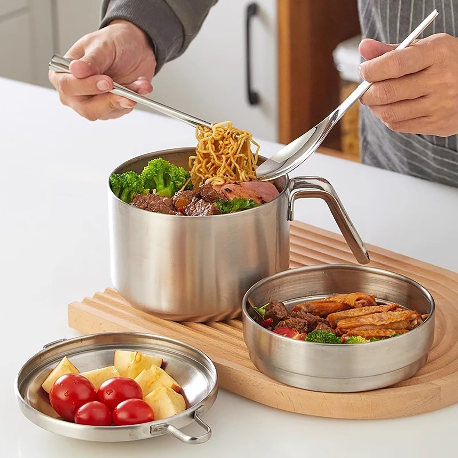 Fiambreras Comida Trabajo, Lonchera, Lunch Box, Cuenco De Acero Inoxidable para Fideos Instantáneos con Tapa, Juego De Utensilios Incorporado, para El Trabajo, La Escuela O Un Picnic, 2170 Ml