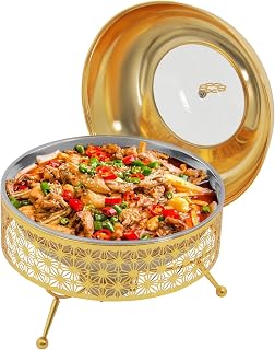 Commercial Chafing Dish Buffet Set 8.5Qt, Stainless Steel Chafer with Food Pan, Water Pan & Fuel Holder, Round Catering Warmer Server with Lid, Smooth Edge, for Wedding, Parties, Banquet, Gold