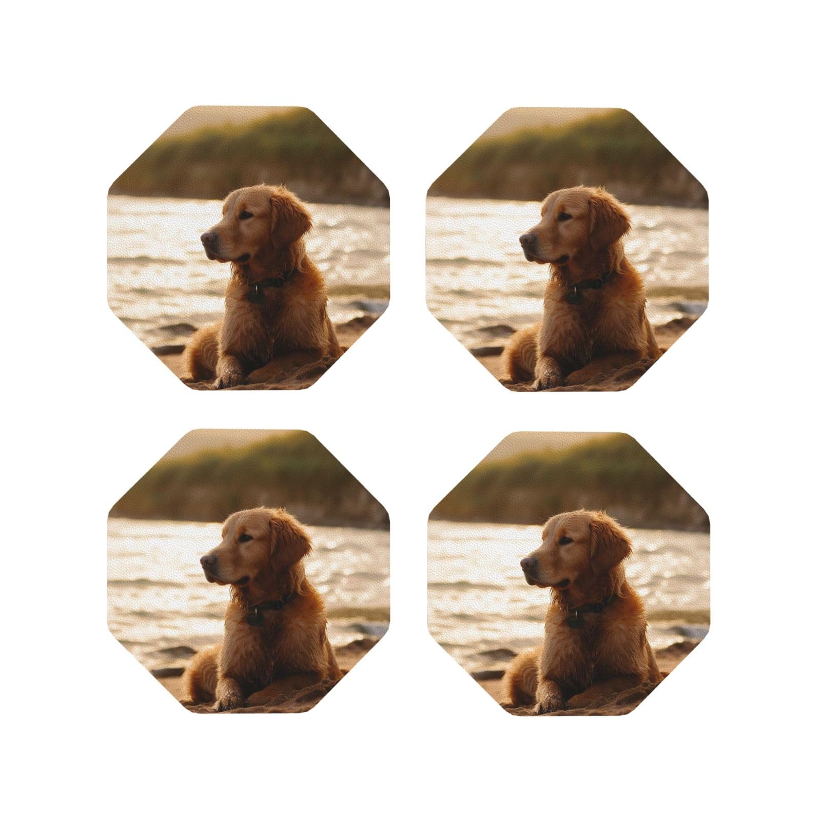 4pcs Drink Coasters for Tabletop Protection, 4" Leather Coasters for Drinks, Retriever Cup Coasters for Coffee Table Decor, Non-Slip Drinking Cup Mat for Hot Or Cold Drink