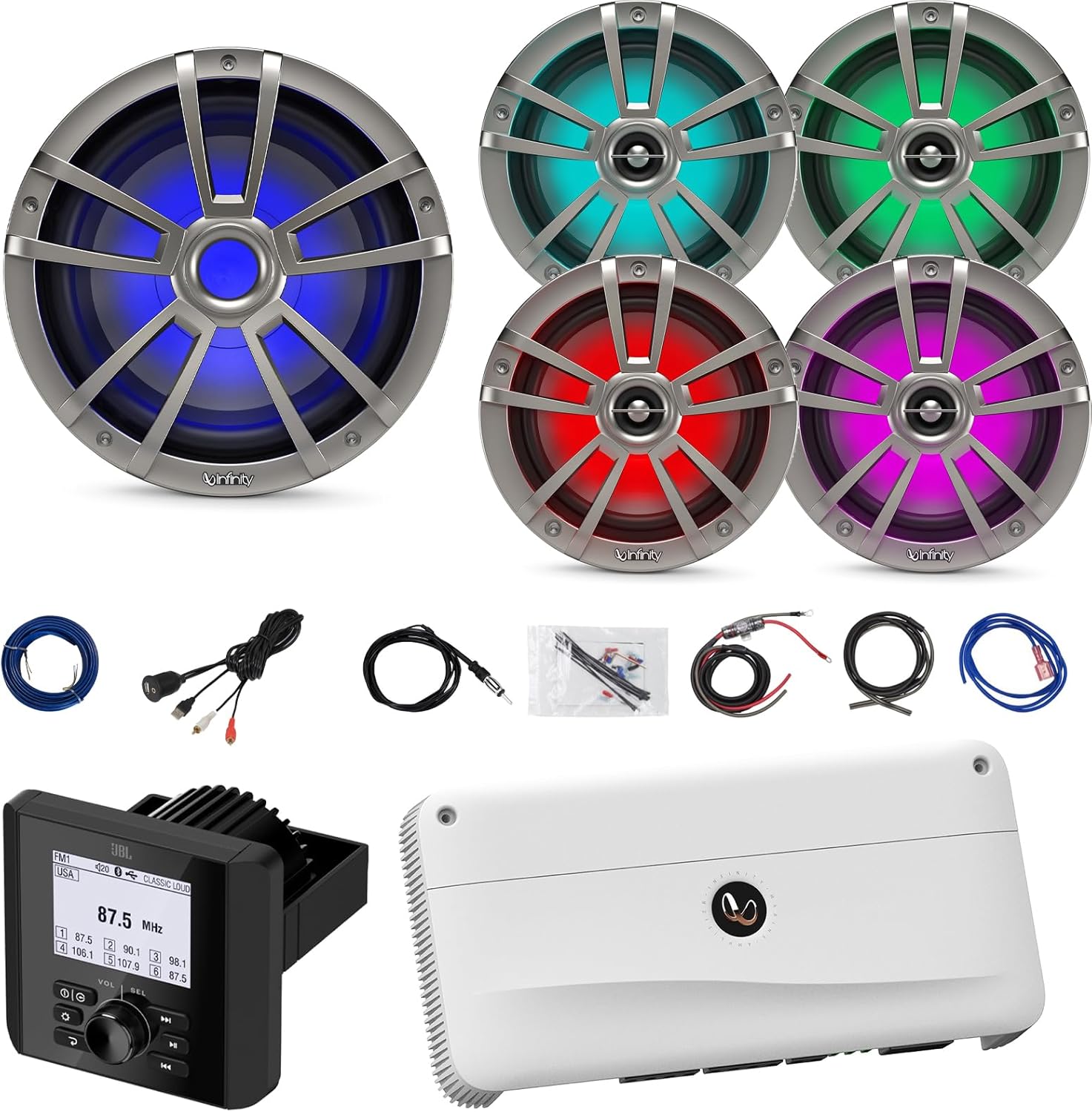 Bluetooth Digital Media Marine Audio Receiver, 4X 6.5 225W Waterproof Boat RGB LED Coaxial Titanium Speakers, 10" RGB LED Titanium Subwoofer, 5 Channel Amp W/Kit, Antenna, USB/AUX Adapter, Wire