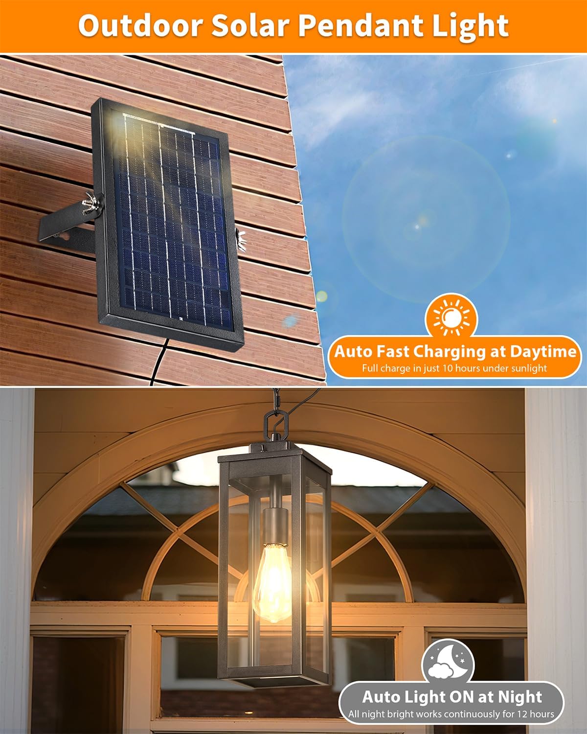 15'' Large Solar Pendant Light Outdoor, Modern Outside Chandelier Outdoor Hanging Lantern, Black with Clear Glass, Exterior Pendant Lighting Fixture Ceiling Mount for Porch, Entryway, Gazebo, 1 Pack