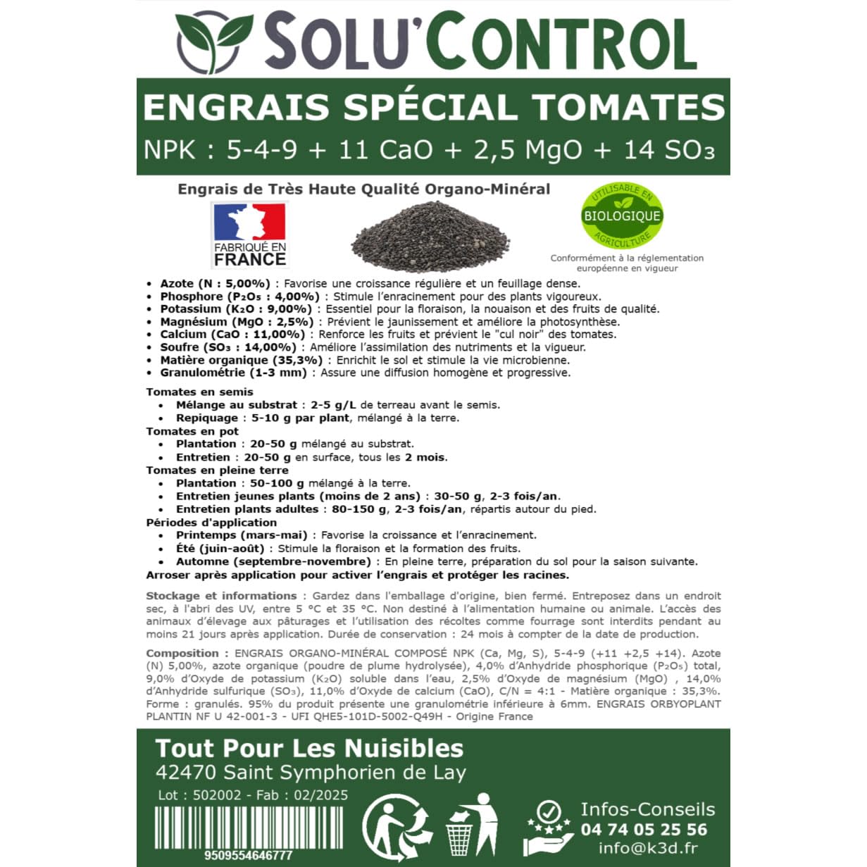 3 kg d'Engrais Spécial Tomates, Aubergines, Poivrons, Piments - SoluControl - Formulation haute qualité Organo-Minerale - Utilisable en Agriculture Biologique