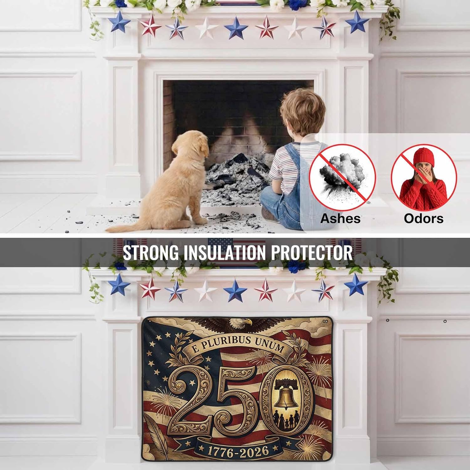 4th of July Magnetic Fireplace Cover 250th Anniversary Fireplace Screen Retro American Flag Eagle Insulation Fireplace Blocker Save Energy Fireplace Draft Stopper Covers for Living Room 36x30 Inch