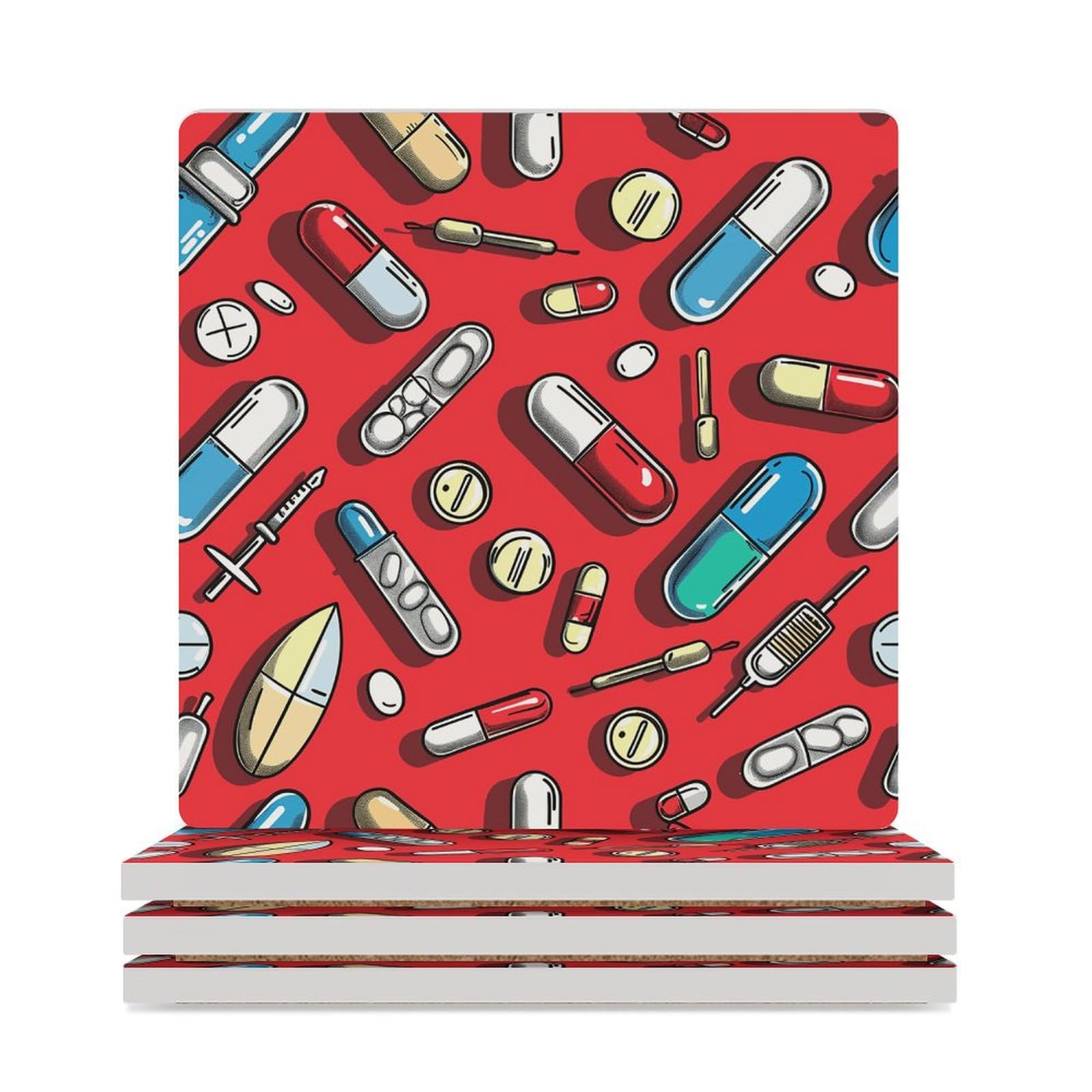 4 posavasos cuadrados de cerámica para bebidas, patrón de píldoras rojas, posavasos impresos para el hogar y el café, regalos de cumpleaños, adecuados para tipos de tazas