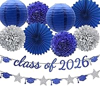 Vista 13 de Suministros de fiesta de graduación con purpurina para la clase de pancarta, telón de fondo colgante, flores, pompones, decoración plateada