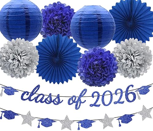 Miniatura 13 de Suministros de fiesta de graduación con purpurina para la clase de pancarta, telón de fondo colgante, flores, pompones, decoración plateada