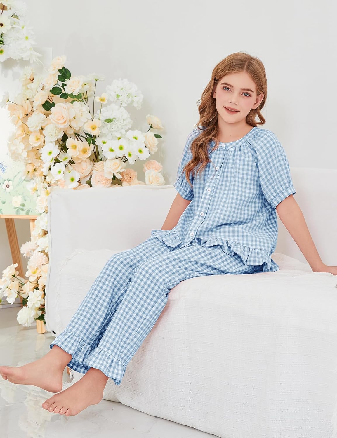 Flygo Girls Gingham 2 Piece Outfits Cotton Plaid Short Sleeve Button Down Peplum Top and Y2K Cute Ruffle Long Pants Sets
