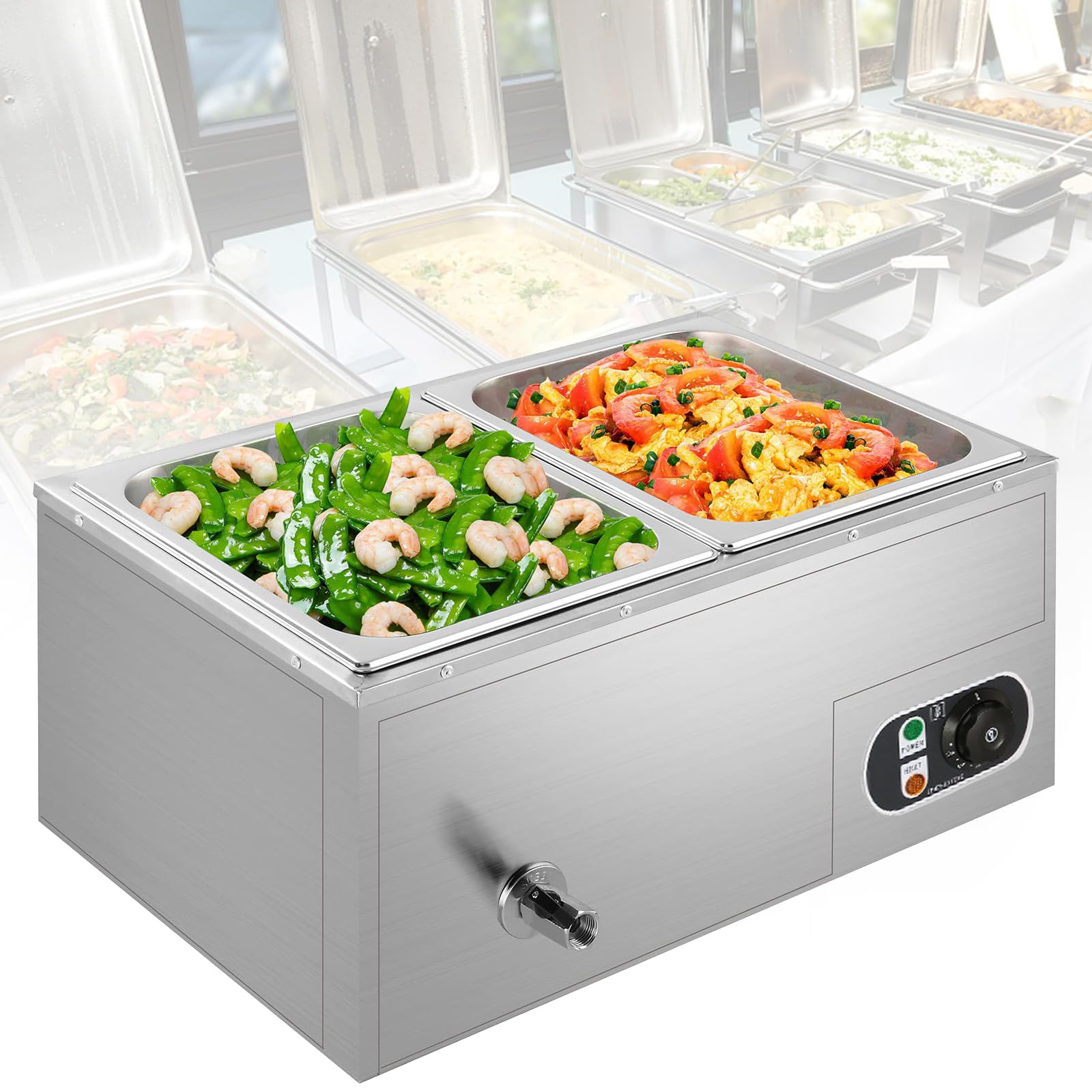 Kommerzieller Speisenwärmer, 800 W elektrischer Bain Marie Buffet Dampftisch, 15 l Edelstahl mit Temperaturregelungsdeckel für Restaurants und Partys
