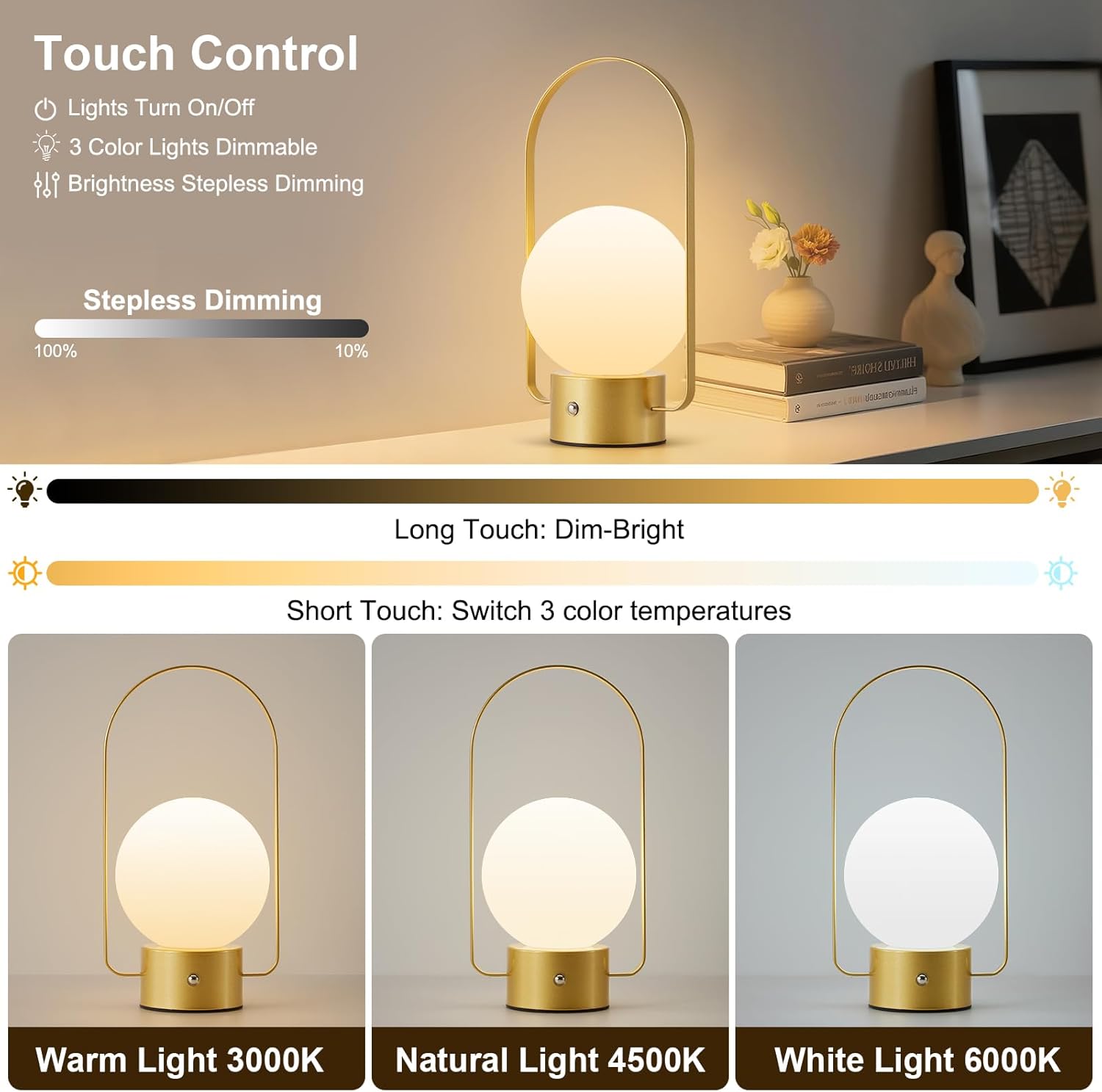 Condition photo showing New/Like New for cordless portable table lamp, gold 2600mah rechargeable battery operated lamp, stepless dimming touch light, small bedside nightstand light for bedroom living room shelf decor