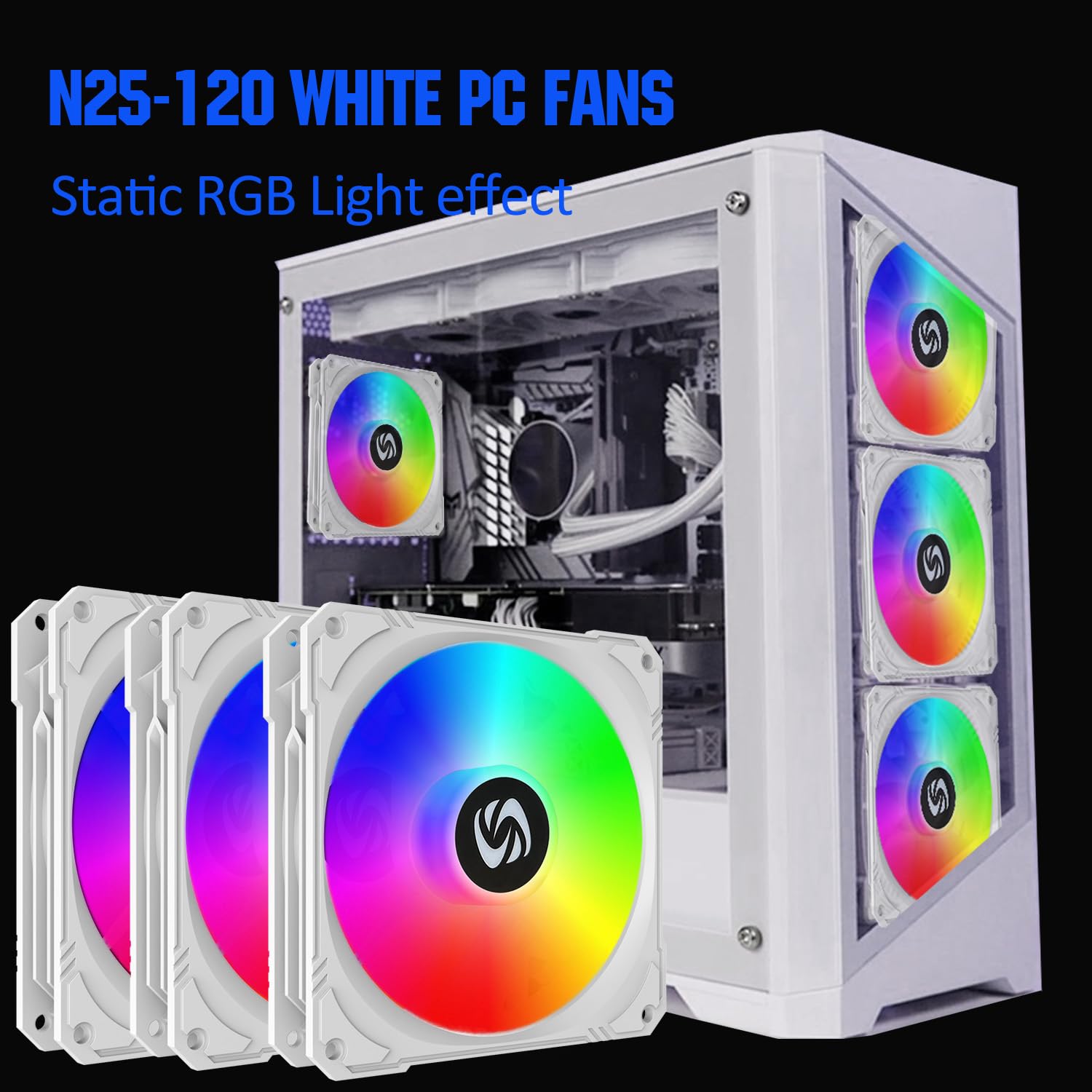 120mm Case Fan 3 Pack RGB Case Fans, N25-120 White Silent 1,200rpm PC Fans, Hydraulic Bearing - White 120mm RGB Fans with 12v 3 pin and molex 4 pin PSU plug Computer Fans for PC Case