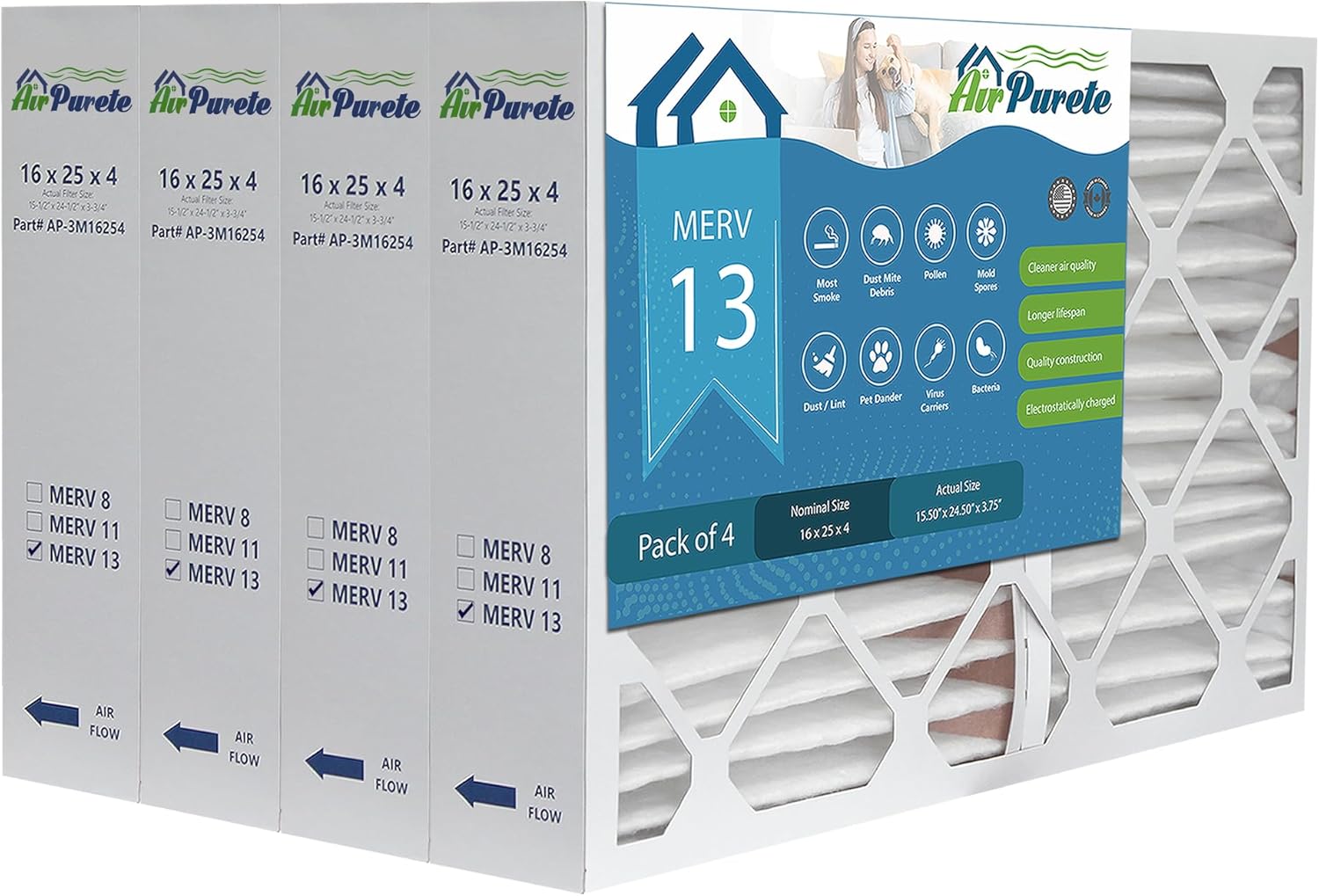 16x25x4 HIGH CAPACITY Furnace Filter | AirPurete AP- 3M16254 | Actual Size 15 1/2" x 24 1/2" x 3-3/4" | MERV 13 | Pack of 4 | Manufactured in Canada