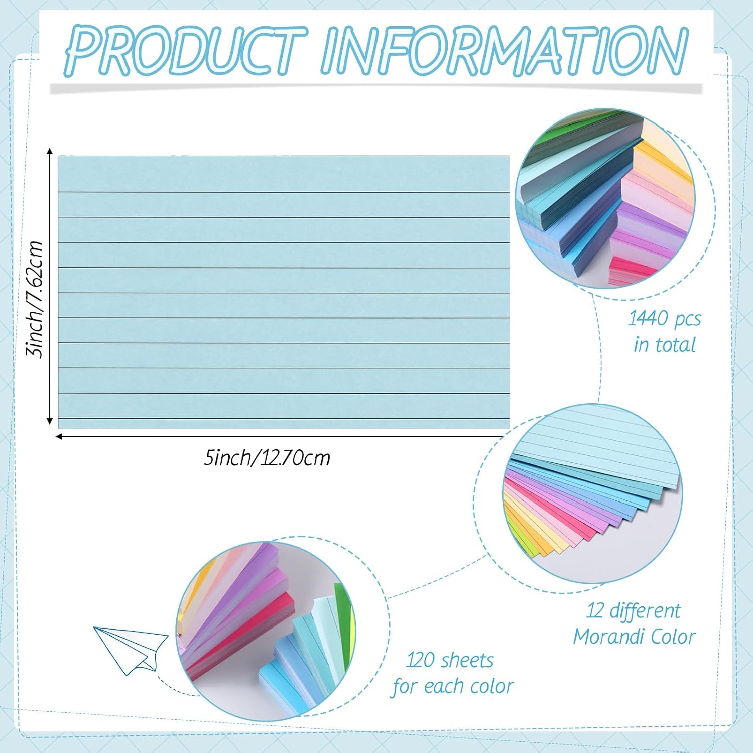 Ctosree 1440 Pcs Colored Index Cards 3 x 5 Inch Flash Cards for Studying Lined Study Note Sheets with Printed Ruled on Both Sides for Studying Memory Learning School, 12 Colors(Multicolor)