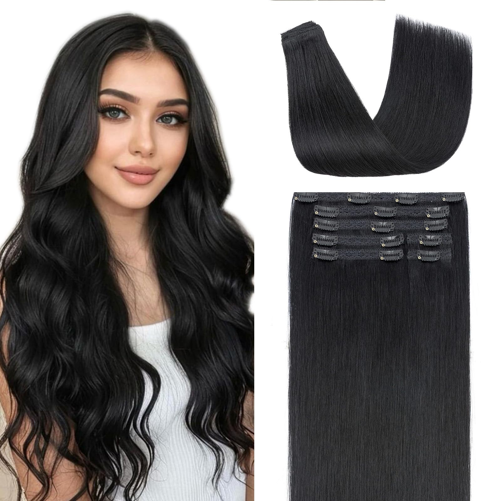 Elailite Hair Extensions Real Human Hair Double Weft Clip In Virgin Remy Lace Weft 7 Pcs Full Head Straight, #01 Jet Black