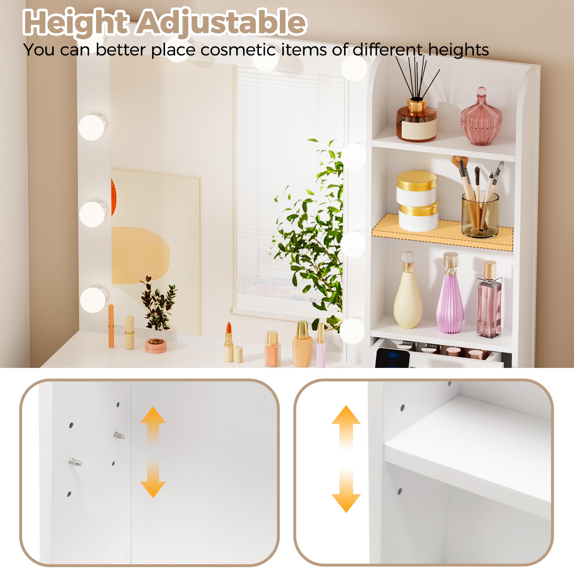 BEWISHOME Coiffeuse avec Miroir et 10 Globes LED, 3 Couleurs Luminosité Réglable, Coiffeuse avec Prise, Tabouret et 7 Tiroirs, Table de Maquillage avec 3 Étagères Ouvertes,Moderne Blanc EFST51W