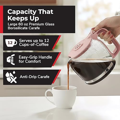 Miniatura 4 de MUELLER HOME Cafetera rosa de 12 tazas, jarra de borosilicato, apagado automático, accesorios de cocina rosa, filtro reutilizable, antigoteo,