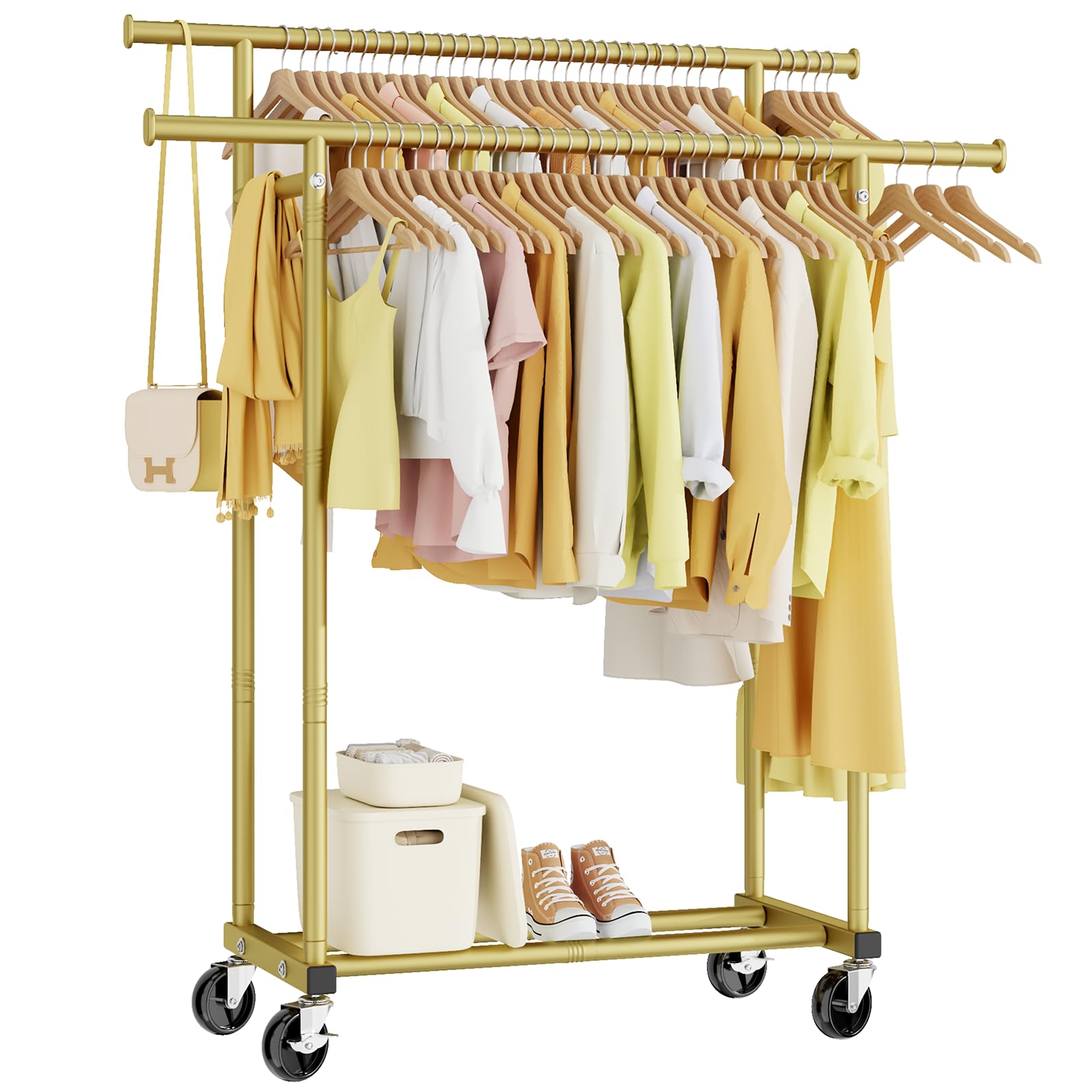 HYSEYY Double Rods Clothes Rack, Sturdy Rolling Clothing Rack, Portable Clothing Racks for Hanging Clothes - Metal Garment Rack Wardrobe Coat Rack for Bedroom Laundry Living Room, Gold