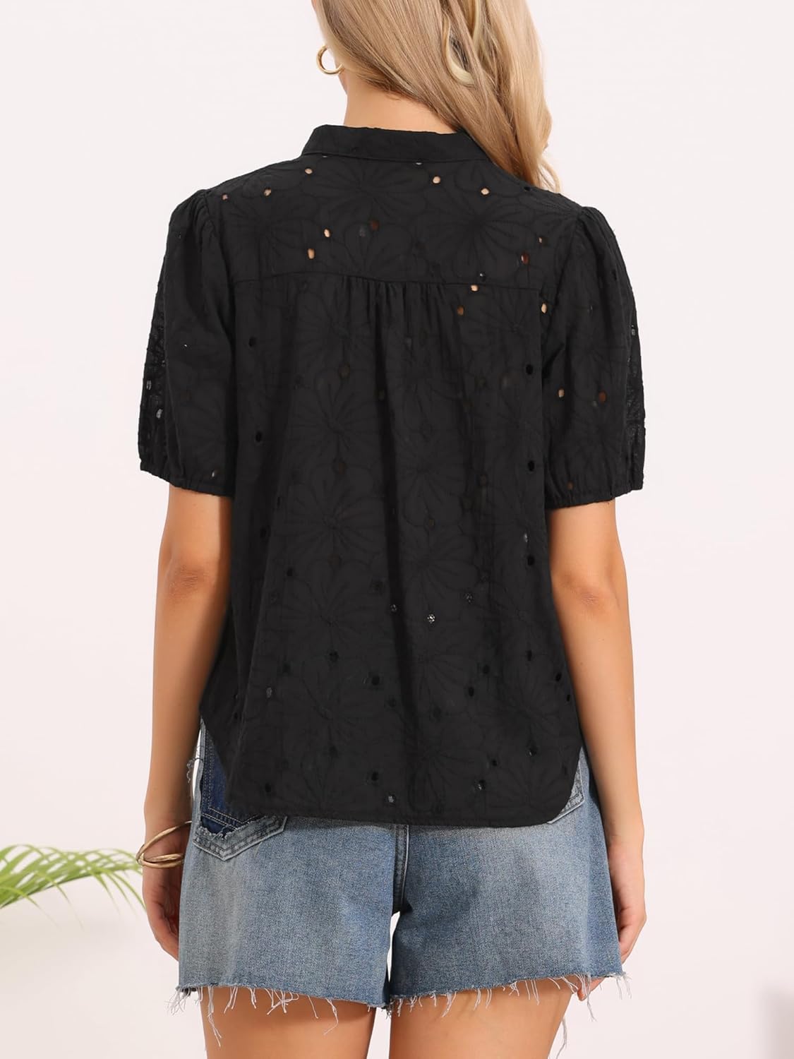 Allegra K Short Sleeve Summer Tops for Women Casual V Neck Hollow Out Eyelet Top Shirts - Image 2