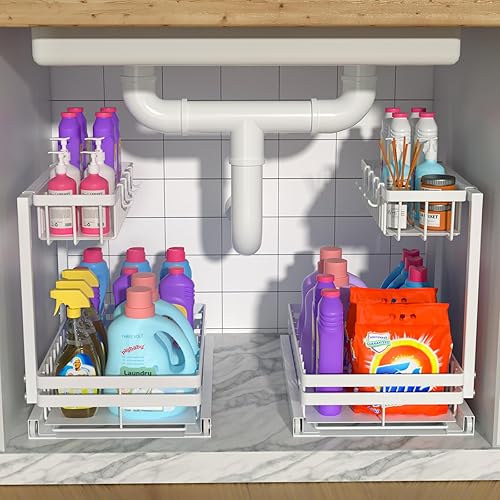 Miniatura 7 de IncepKick Organizador y almacenamiento para debajo del fregadero en forma de L ajustable en altura para cocina y baño, estante debajo del fregadero
