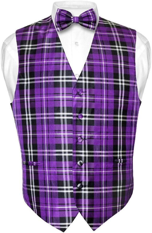 Vesuvio Napoli Men's Plaid Design Dress Vest & BOWTie Purple Black White BOW Tie Set