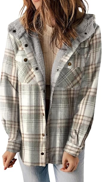 Womens Plaid Shacket Jacket Long Sleeve Button Down Fleece Hooded Jacket Warm Coat Casual Sherpa Fleece Lined Jacket