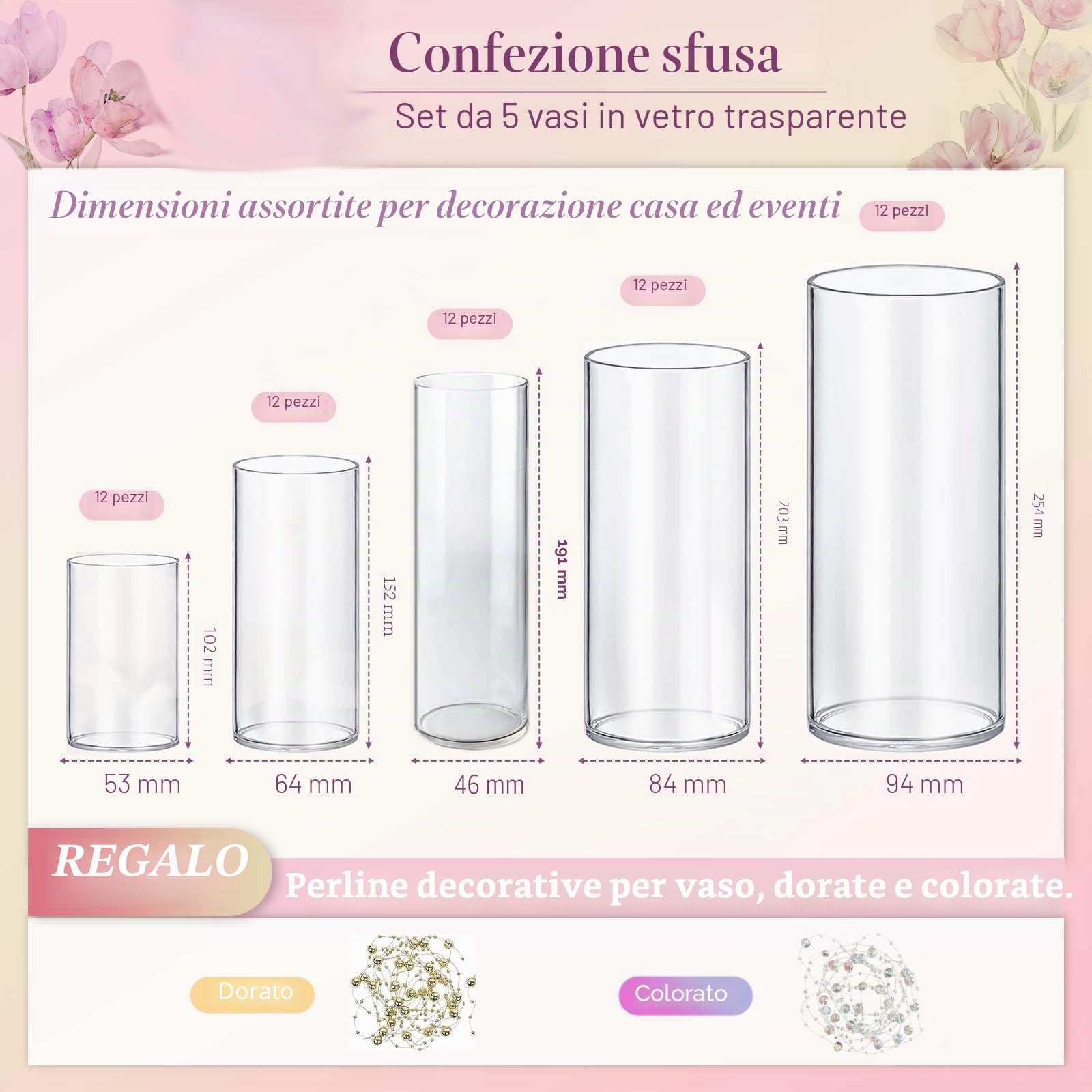 Set di 30 vasi cilindrici in vetro per decorazioni, ideali per decorazioni di matrimoni (30, 10+15+19+20+25 cm)