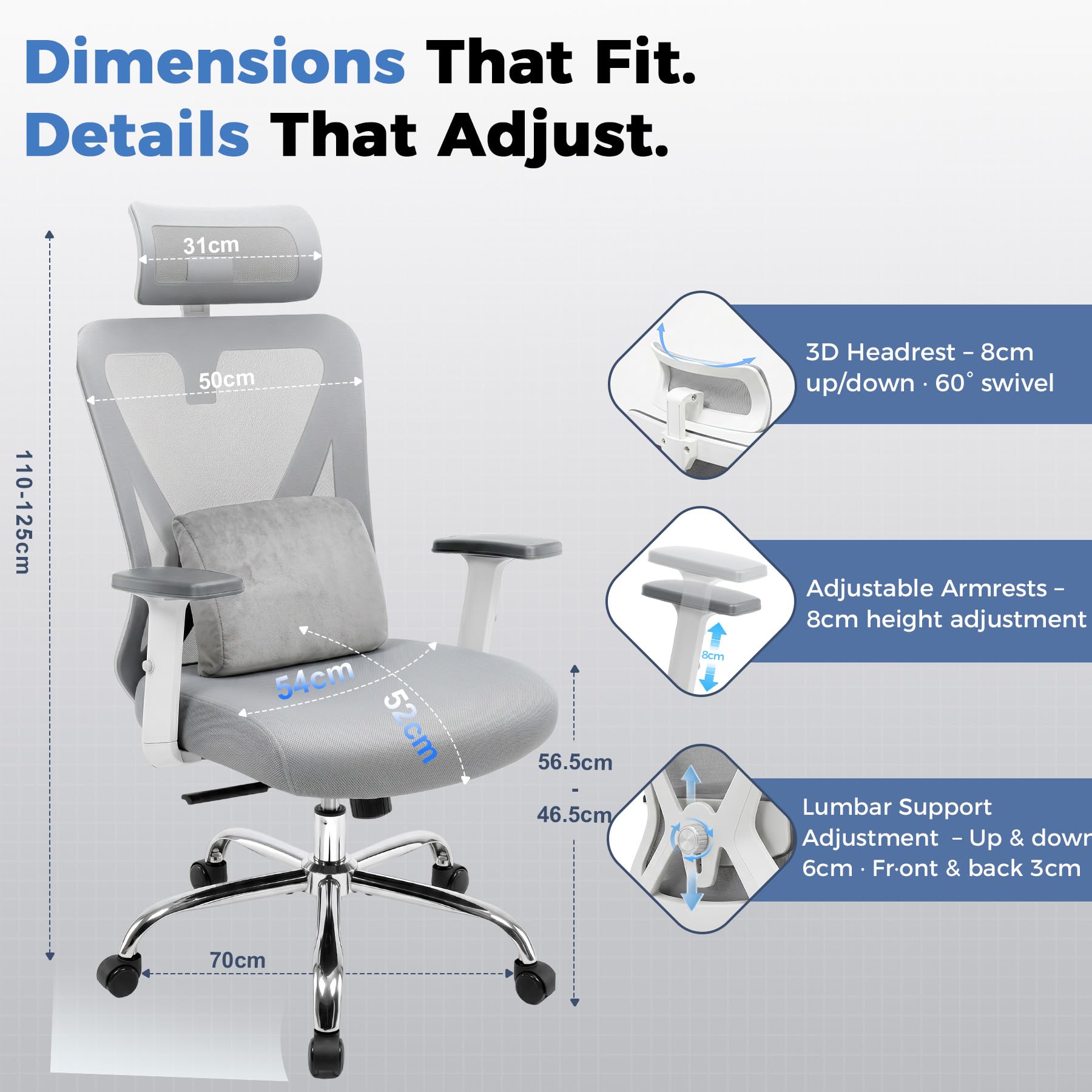 COMHOMA Silla de Oficina ergonómica [Ganador de la Prueba], Silla de Escritorio con reposacabezas 3D y Soporte Lumbar 3D, reposabrazos Ajustables, Silla de Oficina con función basculante e inclinable