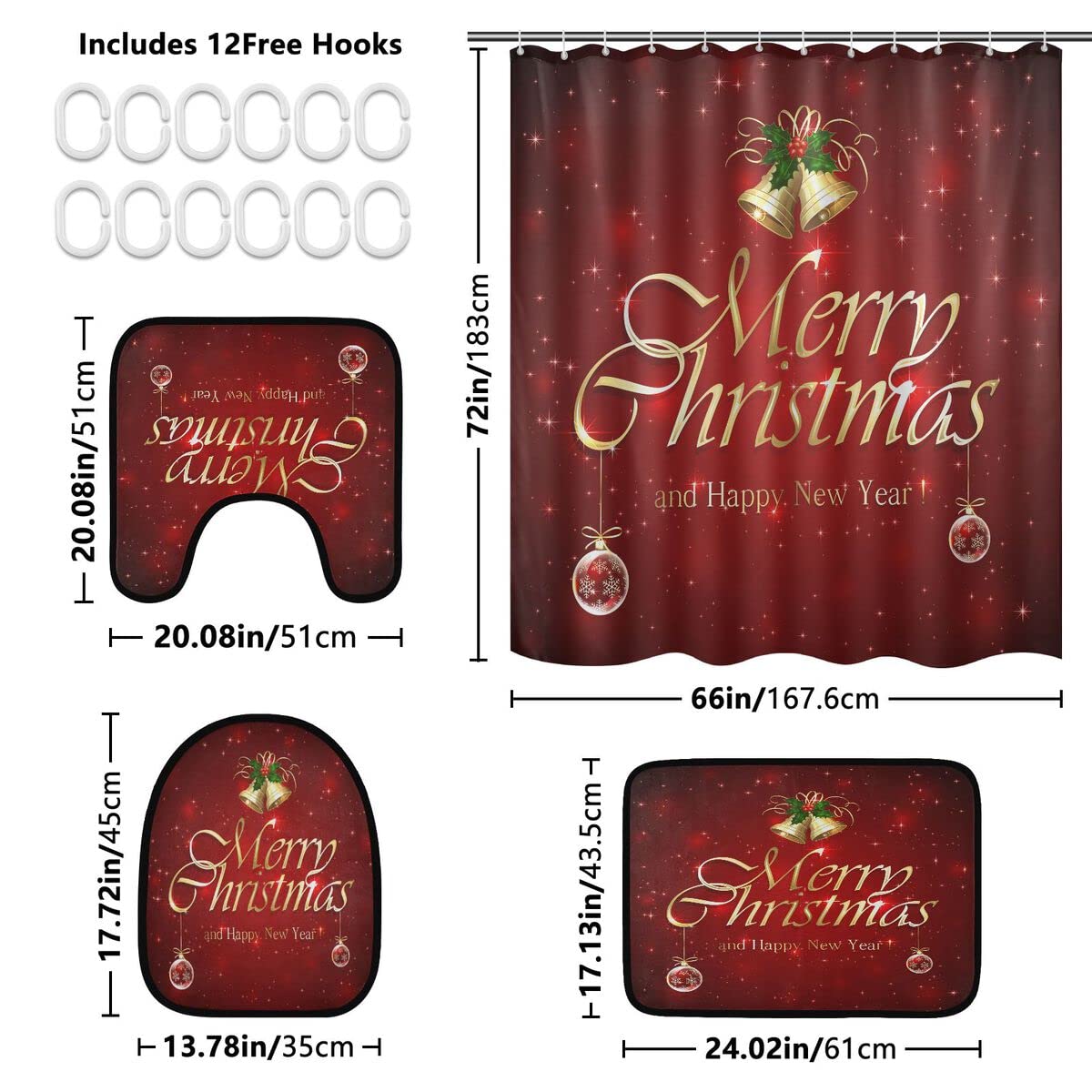 Mnsruu Lot de 4 rideaux de douche avec 12 crochets Motif boule de Noël Rouge