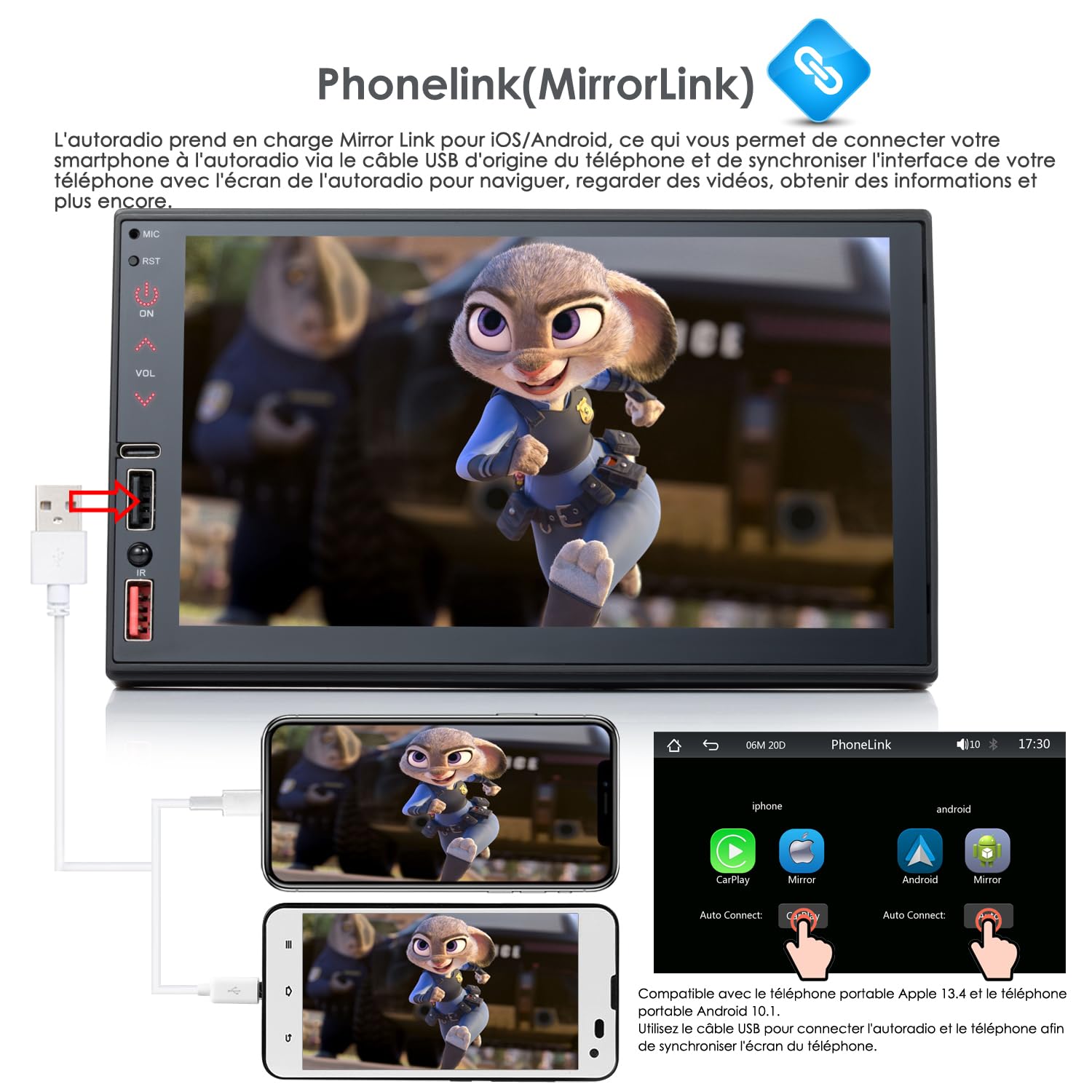 Autoradio 7" 2 DIN Bluetooth Avec Apple CarPlay & Android Auto – Écran Tactile, Mirror Link, FM, Caméra De Recul, Charge Rapide & 7 Lumières RGB (FS02FR)