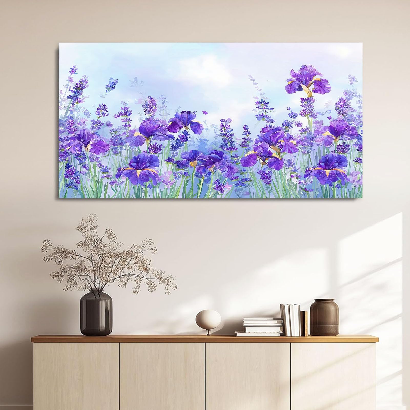 Genérico Impresión sobre lienzo, estilo campestre para decoración de pared, pintura, 120 x 60 cm, azul, floral, lavanda planta, carteles artísticos, para salón, dormitorio, cocina, oficina,