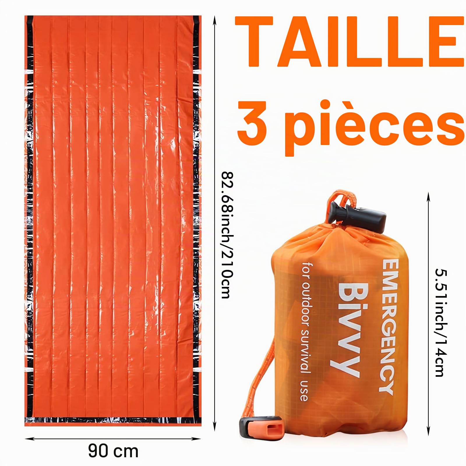Sac de couchage d'urgence 3 pièces : sac de couchage de survie d'urgence avec sifflet, couverture d'urgence imperméable, tente de sauvetage pour l'extérieur, imperméable,