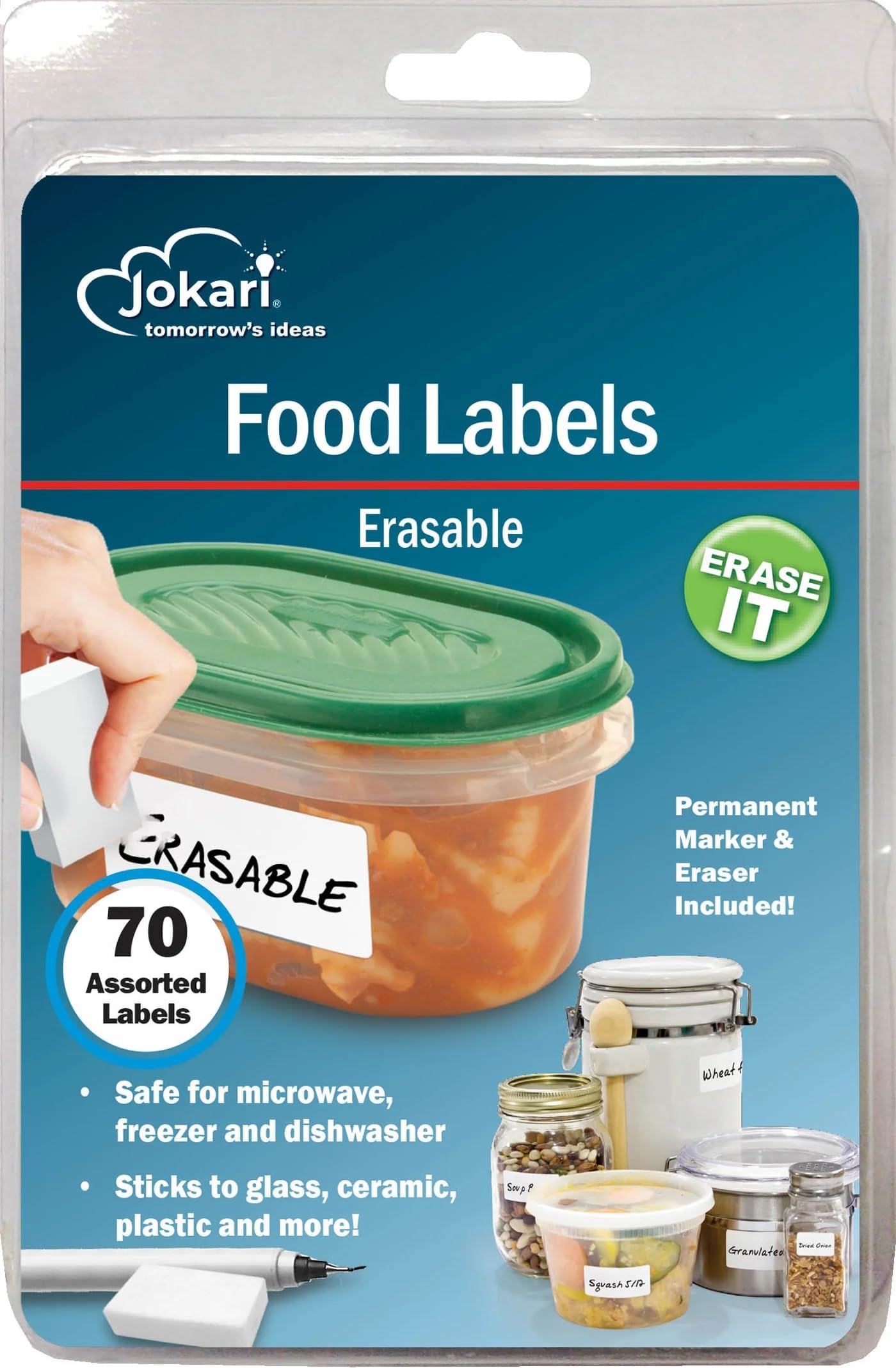 Label Once 47826 - Erasable Multi-Use Labels Starter Kit with 70 labels, Eraser and Pen