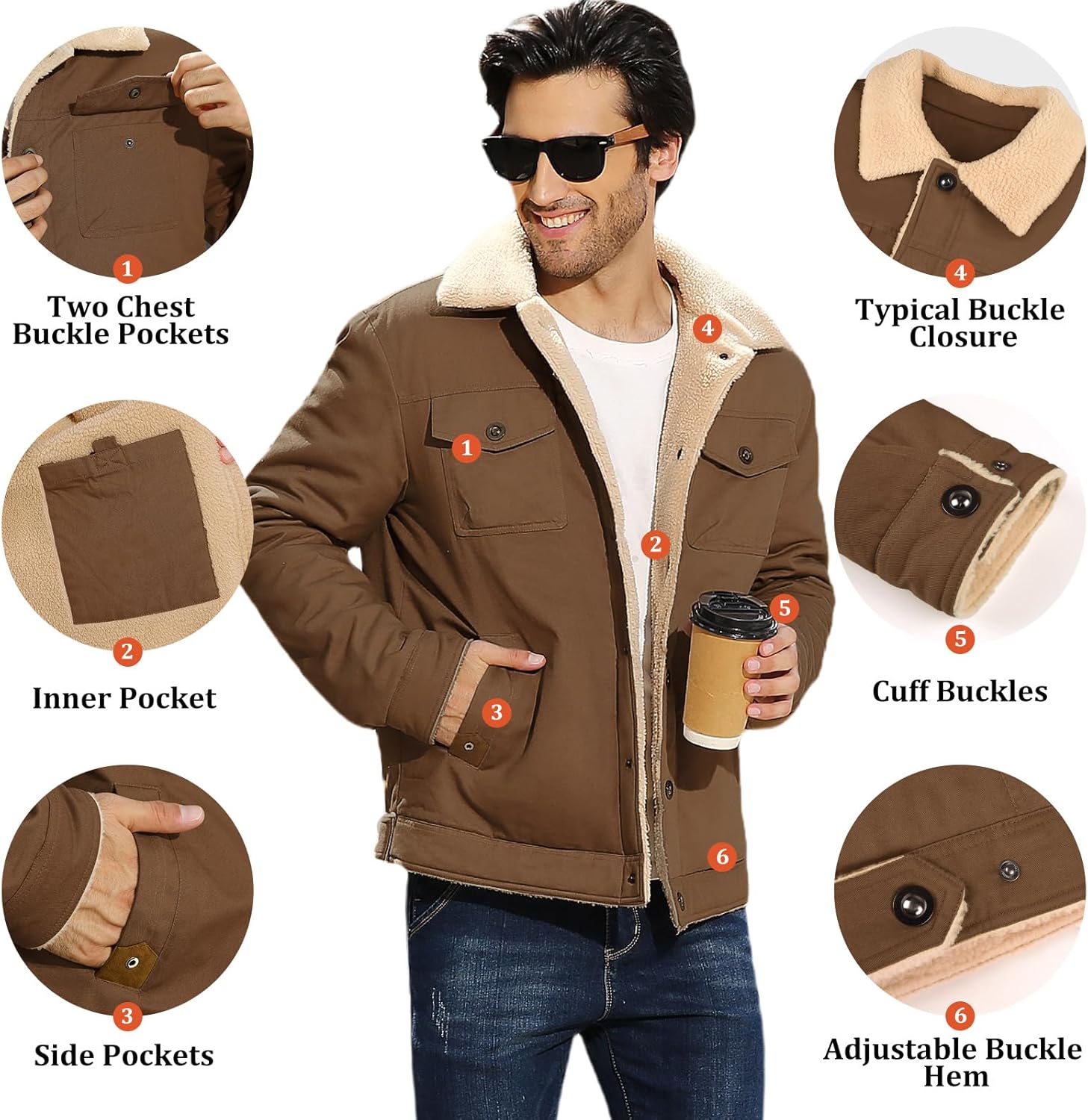 Men’s Winter Lapel Cargo Military Trucker Work Cotton Jacket Coat Fleece-Lined Warm Utility Coat for Outdoor Hiking Camping