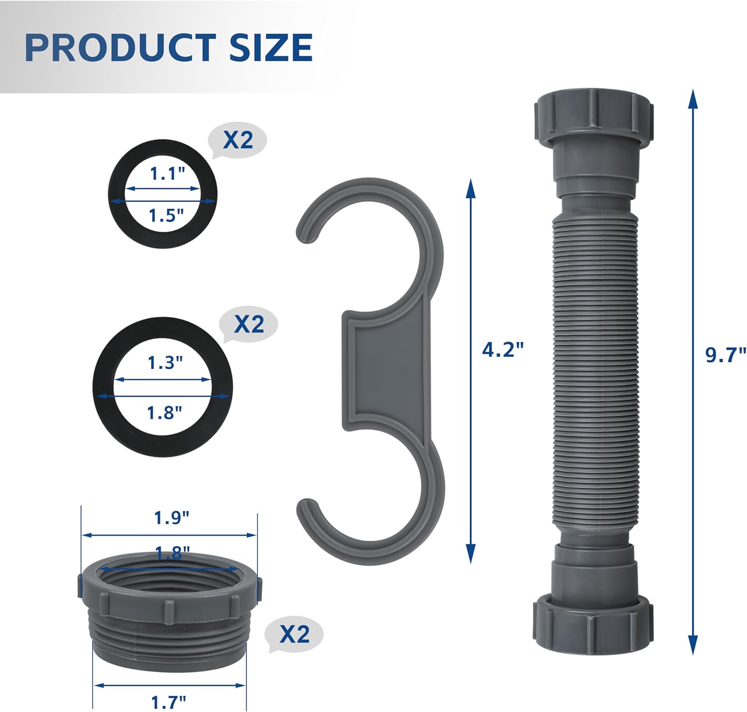 1 Pack Flexible Sink Drain Pipe P Type Water Storage Bend, Adjustable Elastic Drain, with 1-1/4" Adapter Suitable For Bathroom Kitchen Utility Room Gray