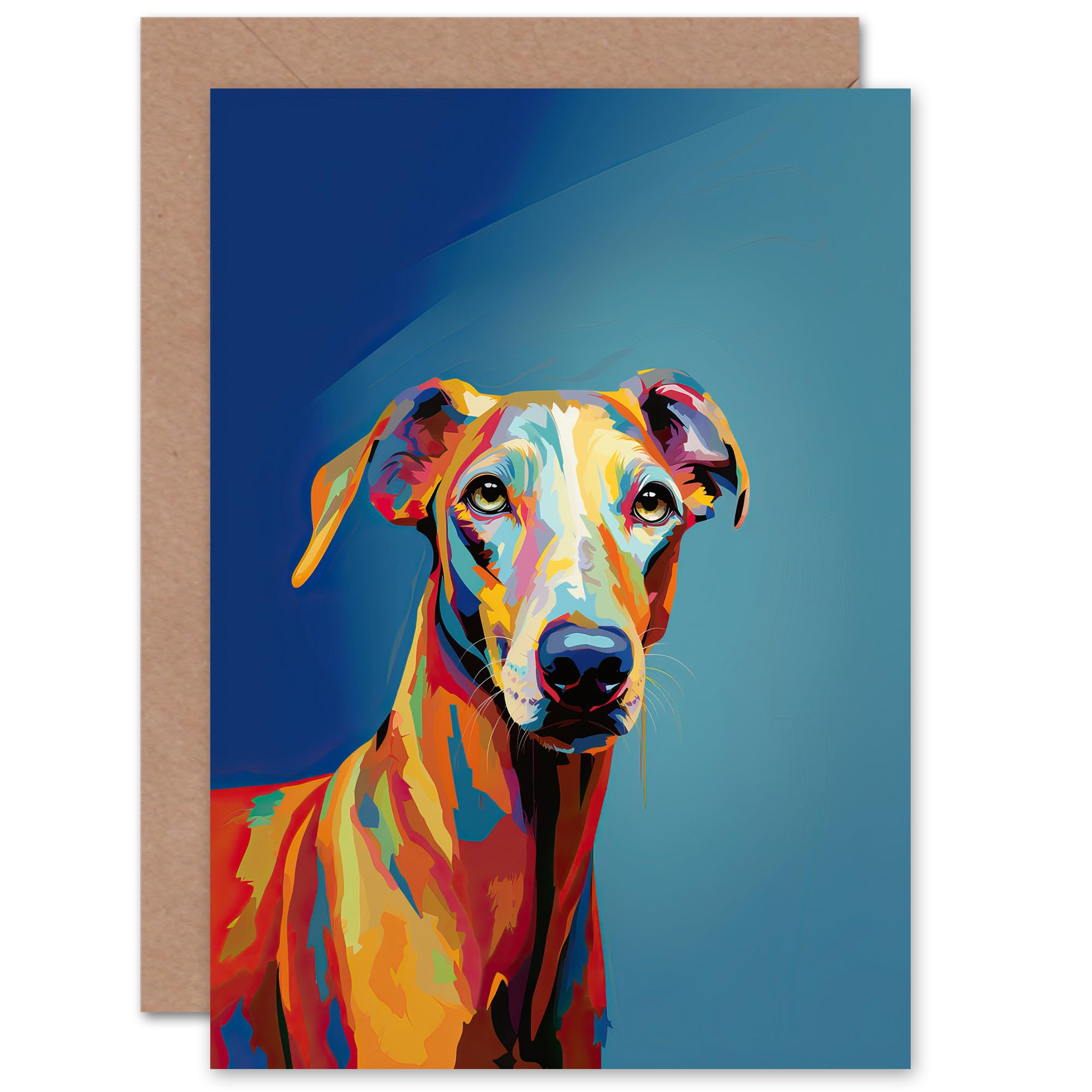 Artery8 Greyhound Dog Lover Gift Pet Portrait Orange Blue Artwork Painting Sealed Greeting Card Plus Envelope Blank inside